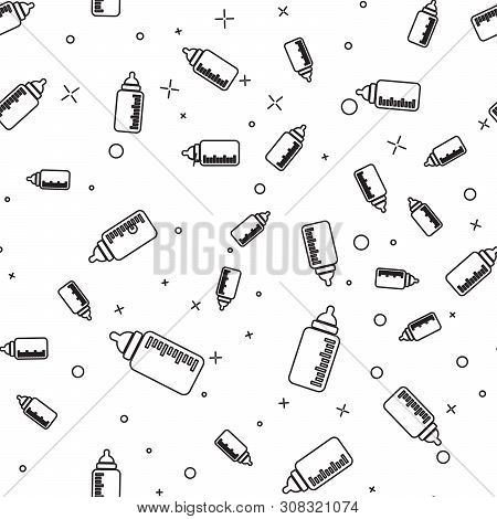 Black Baby Bottle Icon Isolated Seamless Pattern On White Background. Feeding Bottle Icon. Milk Bott
