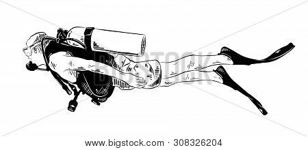 Vector Engraved Style Illustration For Posters, Decoration And Print. Hand Drawn Sketch Of Diver In 