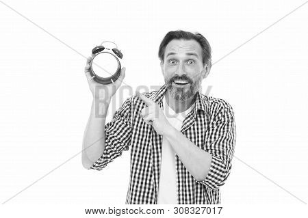 Build Self Discipline. Control And Discipline. Man Casual Style Hold Alarm Clock. Time Management An