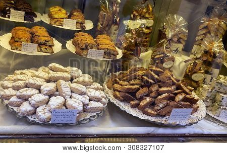 Florence, Italy - April 3, 2018: Display With Different Types Of Italian Biscuits.