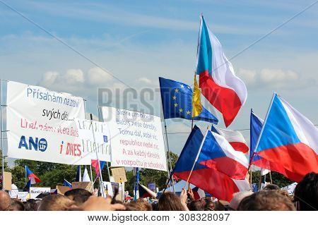 Prague, Czech Republic - June 23 2019: Flags And Banners Against Prime Minister Babis And Minister O