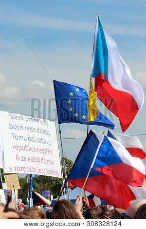 Prague, Czech Republic - June 23 2019: Flags And Banners Against Prime Minister Babis And Minister O