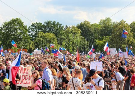 Prague, Czech Republic - June 23 2019: Crowd Of People Protests Against Prime Minister Babis And Min