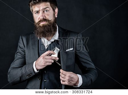 Bearded Man Drink Alcohol. Brutal Caucasian Hipster Has Bad Addiction, Alcohol. Businessman In Suit.