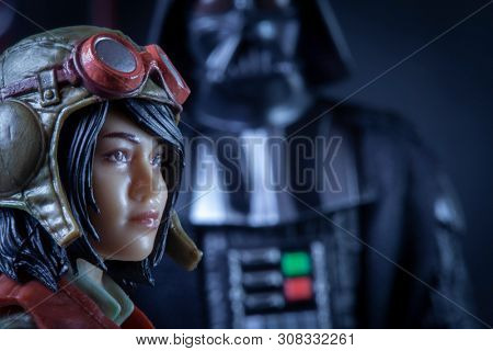 JULY 24 2019: Recreation of a scene from Star Wars Marvel Comics Darth Vader series with Doctor Chelli Lona Aphra meeting with Vader - Hasbro Black Series action figures
