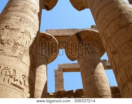 Hieroglyphs Carved On The Pillars Of The Great Hypostyle Hall At The Karnak Temple Of Amun-ra, Luxor