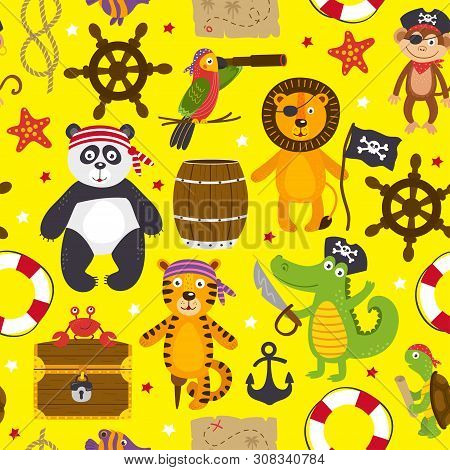 Seamless Pattern With Pirates Animals On Yellow Background - Vector Illustration, Eps