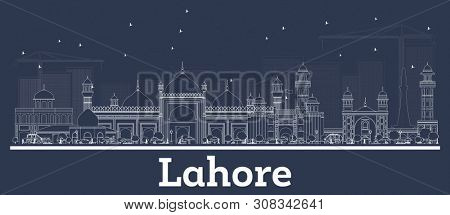 Outline Lahore Pakistan City Skyline with White Buildings. Business Travel and Tourism Concept with Historic Architecture. Lahore Cityscape with Landmarks. 