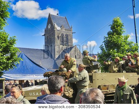 Sainte Mere, Normandy, France - June 06, 2019. D Day 75 Birthday Of French Liberation By Allied Coun