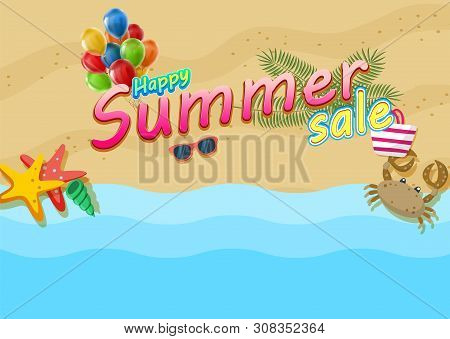 Happy Summer Sale Poster On Tropical Beach Background.