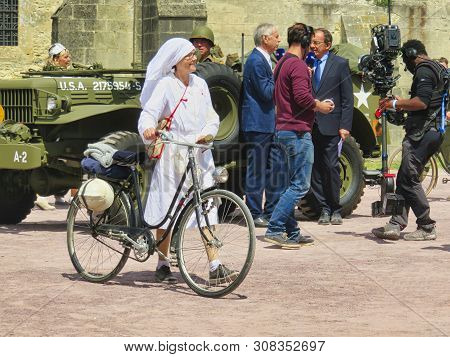 Sainte Mere, Normandy, France - June 06, 2019. D Day 75 Birthday Of French Liberation By Allied Coun