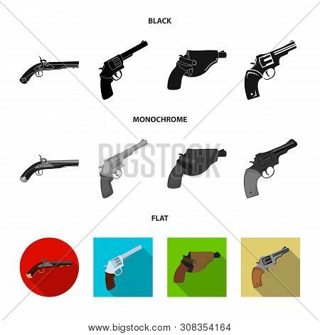 Vector Illustration Of Revolver And Pistol Sign. Collection Of Revolver And Trigger Vector Icon For 
