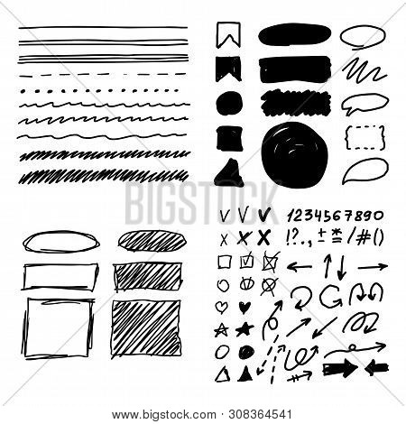 Marker Style Set Hand Drawn. Text Mark Templates. Lines, Stroke, Shapes