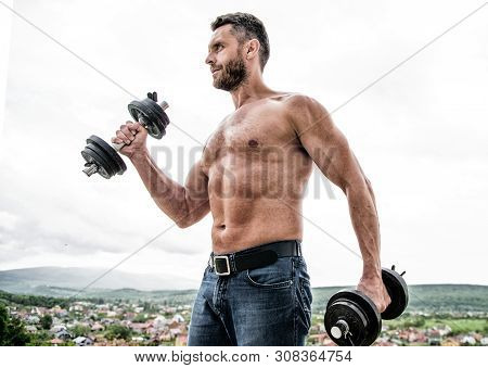 Man Sportsman With Strong Ab Torso. Steroids. Sport Equipment. Perfect Six Pack. Fitness Health Diet