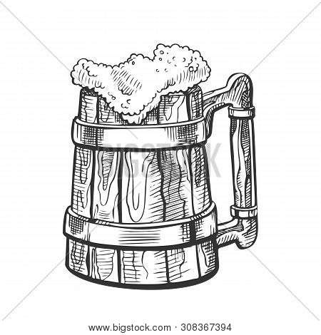 Hand Drawn Vintage Cup With Froth Beer . Wooden Cup With Metallic Ring And Alcoholic Golden Cold Bev
