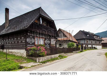 Cicmany, Slovakia - August 02, 2015: Old Wooden Houses In Slovakia Village Cicmany, Traditional Pain
