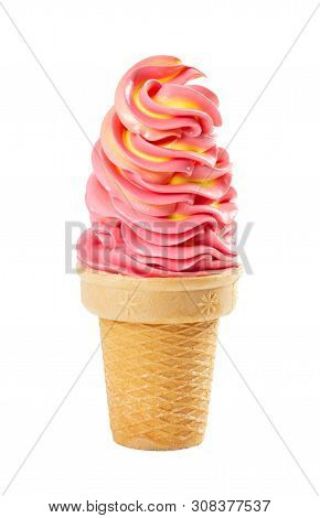Soft Fruit Strawberry-banana Ice Cream In Waffle Cup Isolated On White Background.