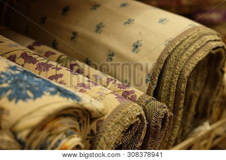 Sale - Colorful Fabrics In The Store, Close Up