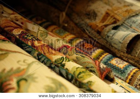 Sale - Colorful Fabrics In The Store, Close Up