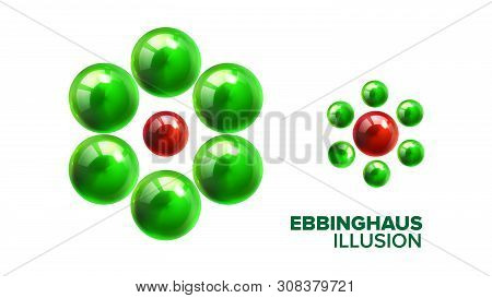 Optical Ebbinghaus Illusion With Balls . Visual Illusion With Smaller Or Bigger Glossy Green And Red