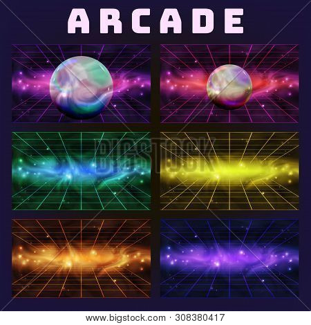 Galaxy Collection On Arcade Background Set . Multicolored Assemblage Mockup Space With Sphere Isolat