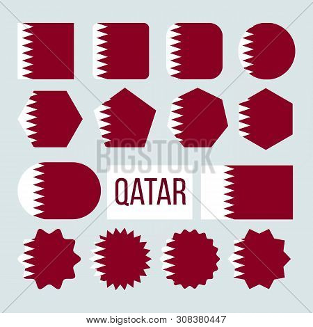 Qatar Flag Collection Figure Icons Set . White Band Separated From Maroon Area On Fly Side By Nine T