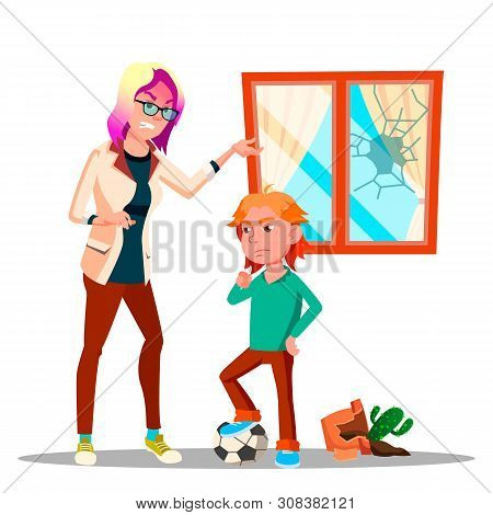 Angry Character Woman Yelling At Schoolboy . Mother Yelling Scolding At Sad, Upset Guilty Son Breaki