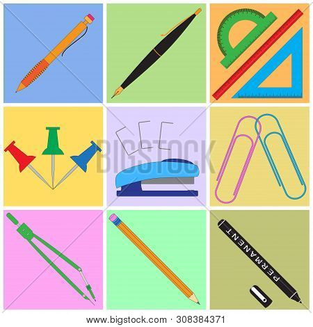 A Set Of Stationery Consisting Of Kardasa, Pens, Compasses, Paper Clips, And Stapler.