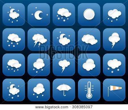 Twenty Blue Weather Square Paper Icons Set.