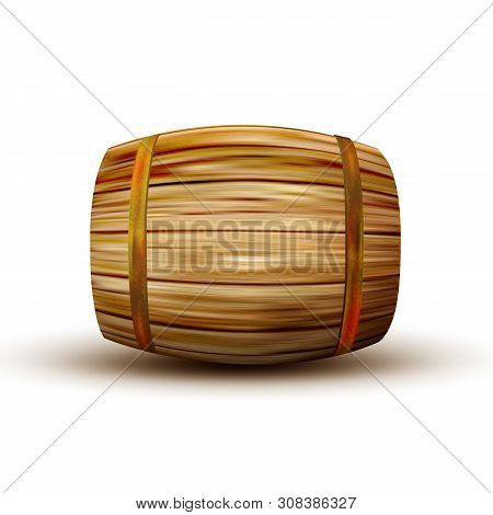 Brown Lying Vintage Wooden Barrel Side View . Standard Barrel For Making, Storage And Shipping Alcoh