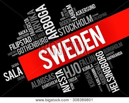 List Of Cities And Towns In Sweden, Word Cloud Collage, Business And Travel Concept Background