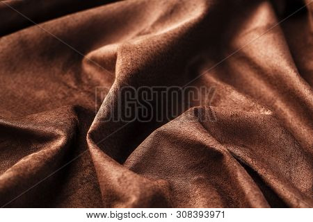 Brown Velor Textural Background Pattern. Gorgeous Elastic Velor Fabric Has A Velvet Pile, Shine And