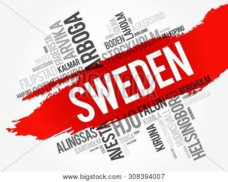 List Of Cities And Towns In Sweden, Word Cloud Collage, Business And Travel Concept Background