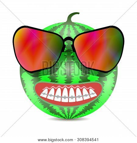 Cartoon Watermelon Icon With Sunglasses And Braces Theeth Isolated On White Background. Medical Brac