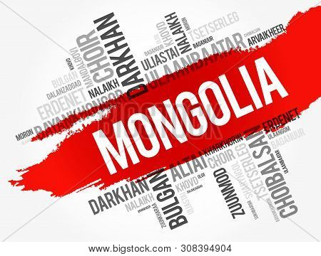 List Of Cities And Towns In Mongolia, Word Cloud Collage, Business And Travel Concept Background