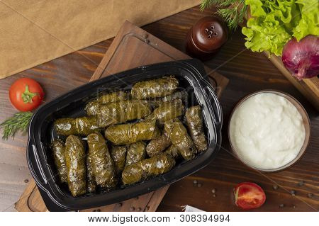 Yarpaq Dolmasi, Yaprak Sarmasi, Green Grape Leaves Stuffed With Meat Takeaway. Image