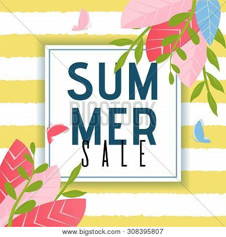 Summer Sales Advertising Poster. Foliage Design And Flying Butterflies Over Striped Seamless Backdro