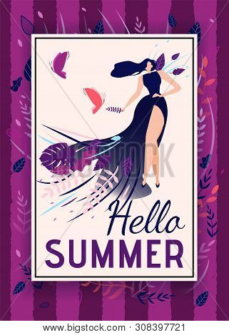 Hello Summer Greeting Text With Elegant Woman Card. Cartoon Beautiful Girl In Long Dress Covered Lea