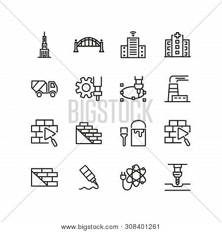 Heavy Industry Icons. Set Of Line Icons. Atomic Power, Bricklaying, Chp Plant. Industry Concept. Vec