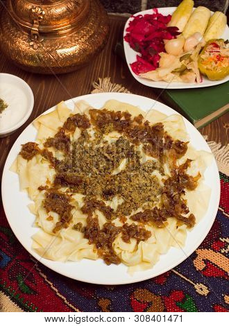 Caucasian Traditional Food, Khinkali, Khingal Served With Turshu. Image