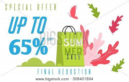 Special Summer Flat Banner Offers Final Price Reduction. Cartoon Shopping Bags With Foliage Decorati