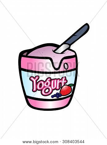 Cartoon Vector Illustration Of Fruit Yogurt And Spoon