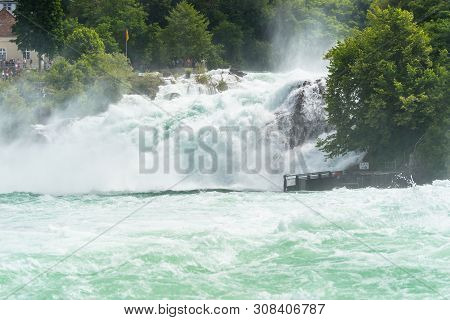 Neuhausen Am Rheinfall, Switzerland - 23 July 2019. Waterfall On The River Rhine In The City Neuhaus