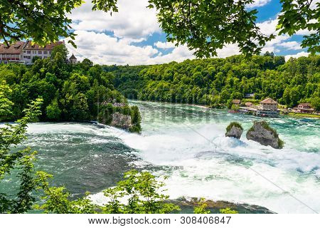 Neuhausen Am Rheinfall, Switzerland - 23 July 2019. Waterfall On The River Rhine In The City Neuhaus