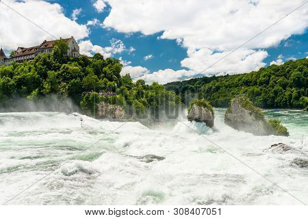 Neuhausen Am Rheinfall, Switzerland - 23 July 2019. Waterfall On The River Rhine In The City Neuhaus