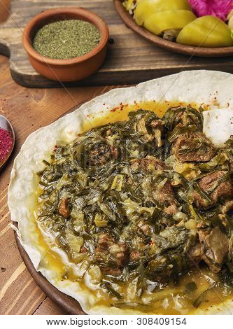 Meat Stew, Turshu, Sebze Govurma With Onions, Green Herbs, Carrots In Broth Sauce . Image