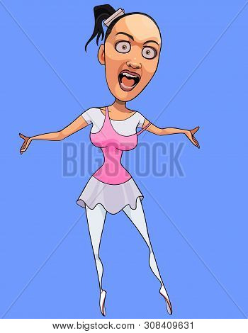 Cartoon Funny Woman Is Very Surprised To Open Her Mouth And Spread Her Arms To The Side