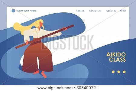 Aikido Concept Banner Or Landing Page Template With Young Woman With Stick In Hakama With Long Blond