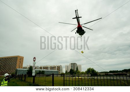 Tyumen, Russia - June 19, 2019: Aircraft Repair Helicopter Utair Engineering Plant. Test Flight Of M