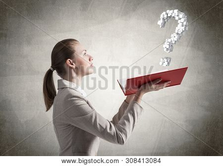 Attractive Woman Holding Open Notebook With Question Mark. Business Consultation And Legal Assistanc